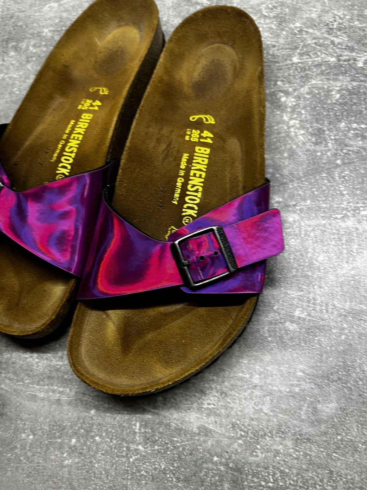 Birkenstock BIRKENSTOCK SUEDE SOLE-PINK HOLOGRAPHIC MADRID SLIDERS Size US 11 / IT 41 - 7 Thumbnail