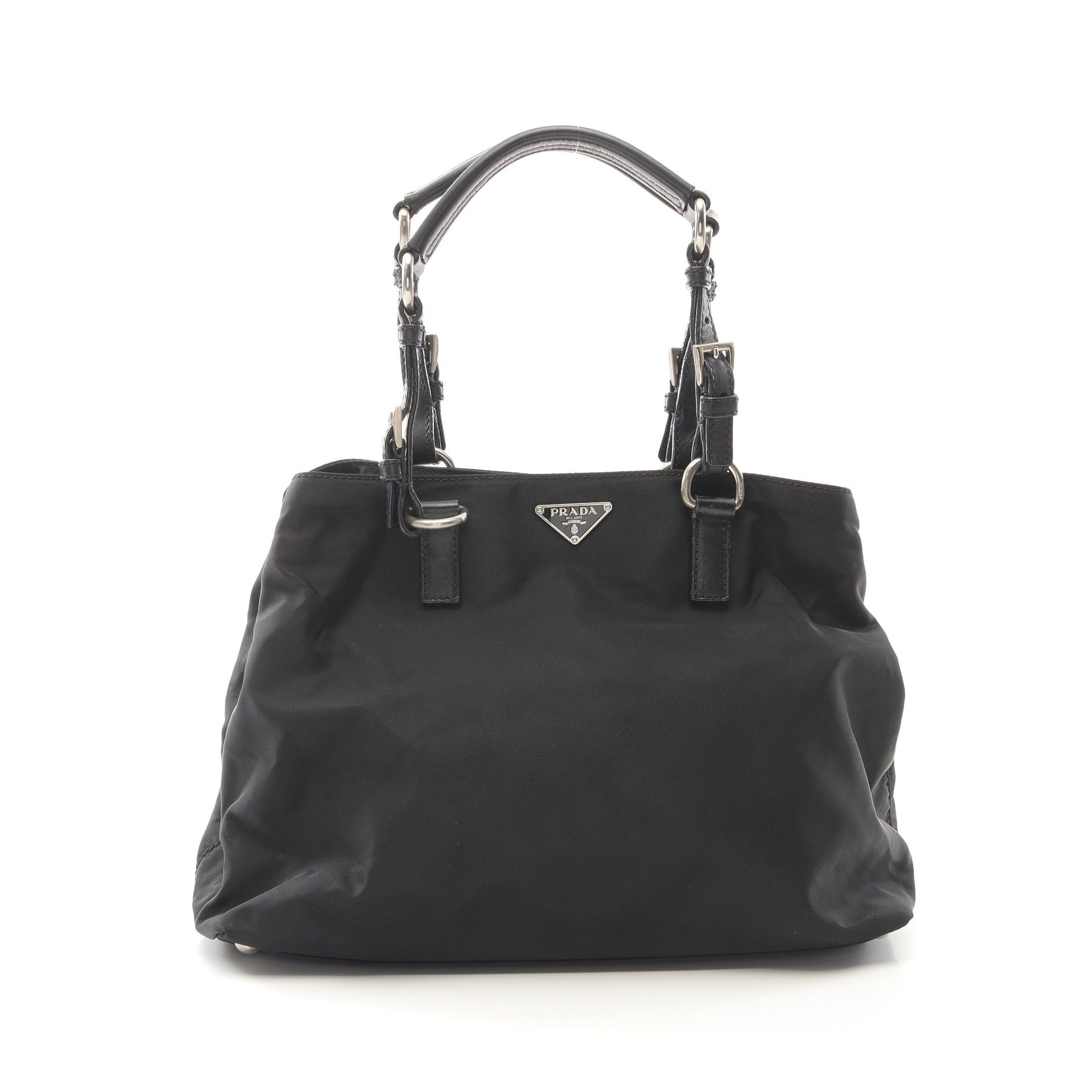 Prada Handbag Tote Bag Nylon Leather Black Prada Logo Plate, Women's