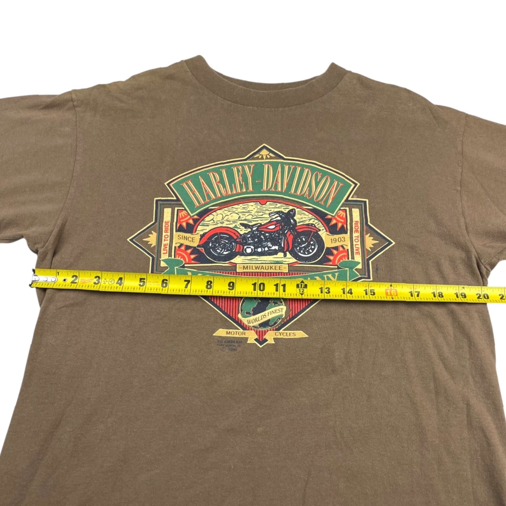Harley Davidson VINTAGE Harley-Davidson T-Shirt 1990 3D Emblem Live To Ride Single Stitch Brown Large Mens USA 90s Biker Graphic Tee Shirt Size US L / EU 52-54 / 3 - 6 Thumbnail