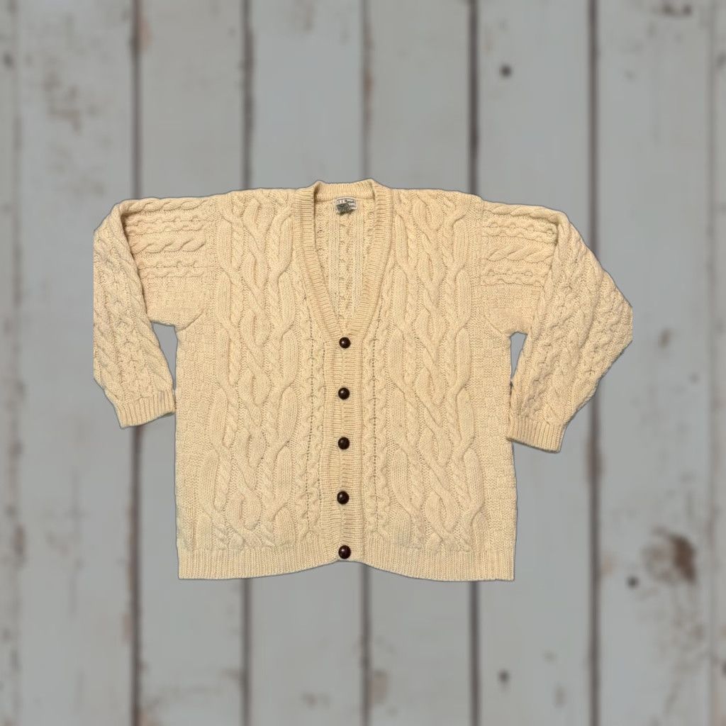 Vintage VINTAGE L.L. Bean Cardigan Wool Ivory Ireland Large L Fisherman Mens Sweater Chunky Knit Cable-V-Neck Size US L / EU 52-54 / 3 - 1 Thumbnail