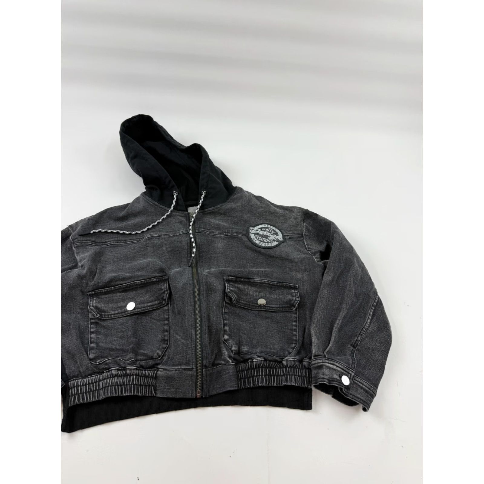 Denime Abito Jacket Womens Small Gray Denim Hooded Bomber Full Zip Pockets Cropped Size S / US 4 / IT 40 - 2 Thumbnail