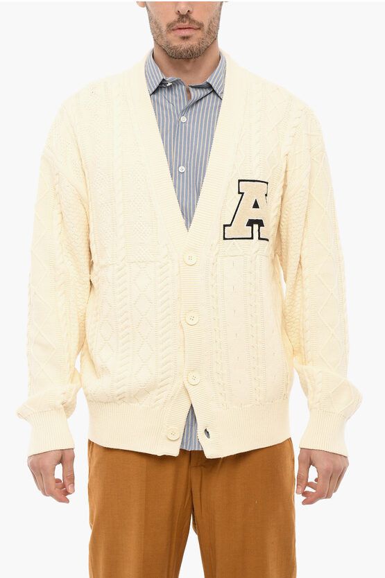 Image of Axel Arigato Cable-Knit Maxi Cardigan With Embroidery Patch in Beige, Men's (Size Small)