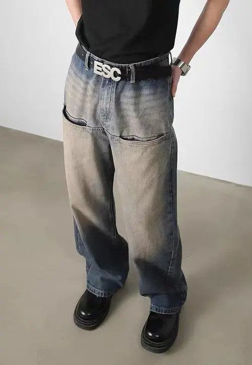 Jean Retro distressed blue washed patchwork pocket jeans Size US 34 / EU 50 - 3 Thumbnail