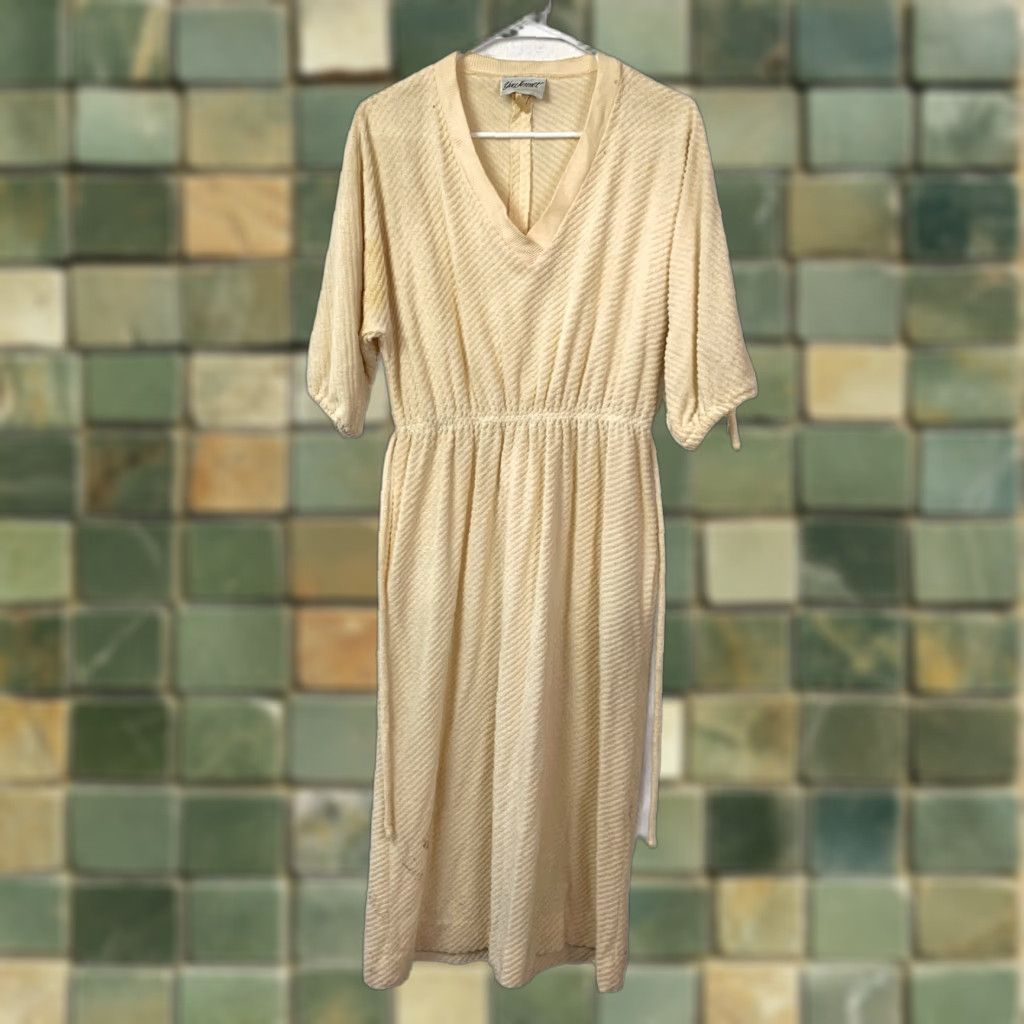 Vintage VINTAGE Yves Jennet Dress Midi Women 10 Yellow V-Neck Ribbed Knit Terry Elastic Waist Pockets Belted Pullover 80s Retro Casual Size L / US 10 / IT 46 - 1 Thumbnail