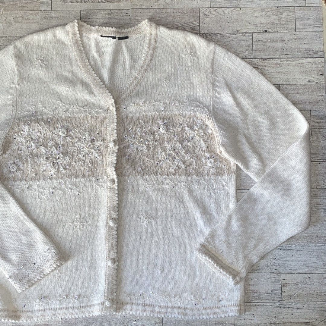 Vintage, Beige, Snowflake Embroidered, Button Down Sweater