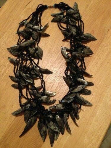 Designer Black Seed Bead w/ Hand Cut Mother of Pearl Shell Necklace Size ONE SIZE - 1 Thumbnail