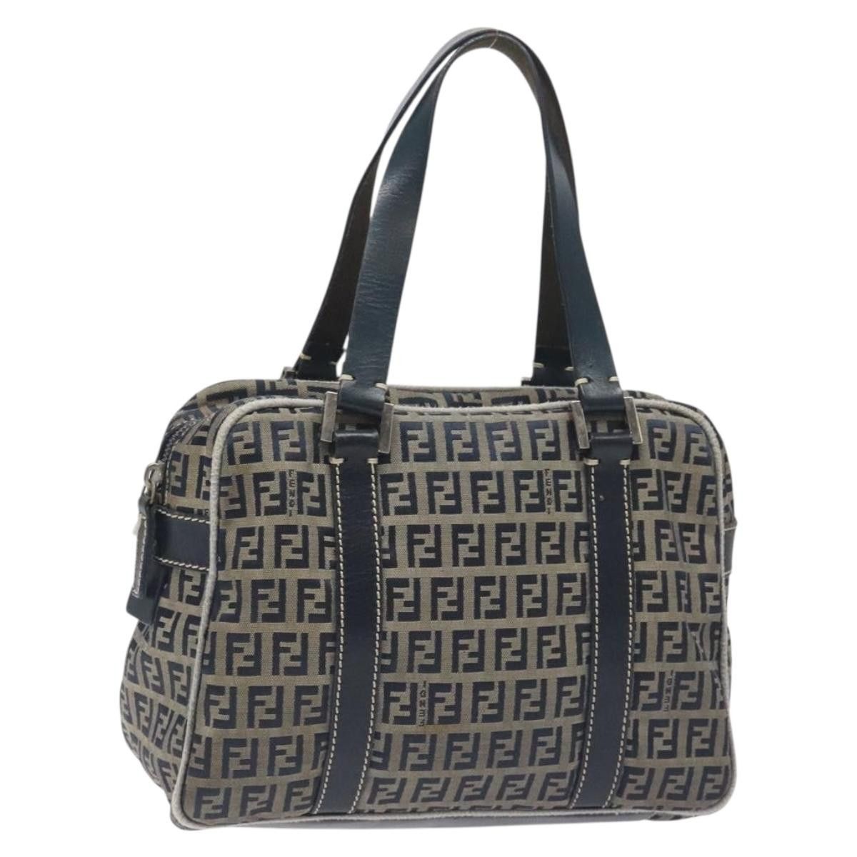 FENDI Zucchino Canvas Hand Bag Navy Silver