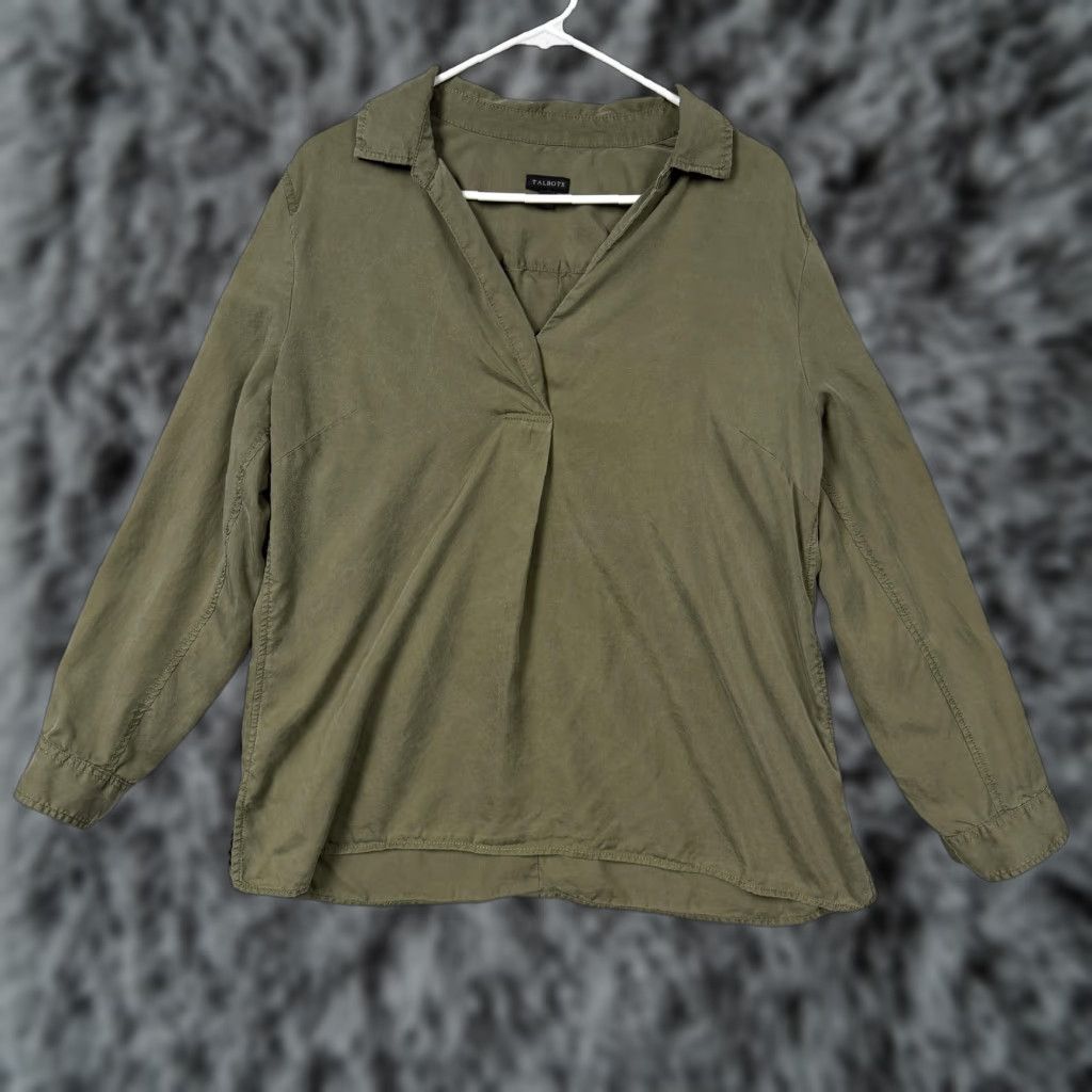 Talbots Talbots Blouse Women Large Green Collared Roll Tab Sleeve Coastal Earthy Minimalist Size L / US 10 / IT 46 - 1 Thumbnail