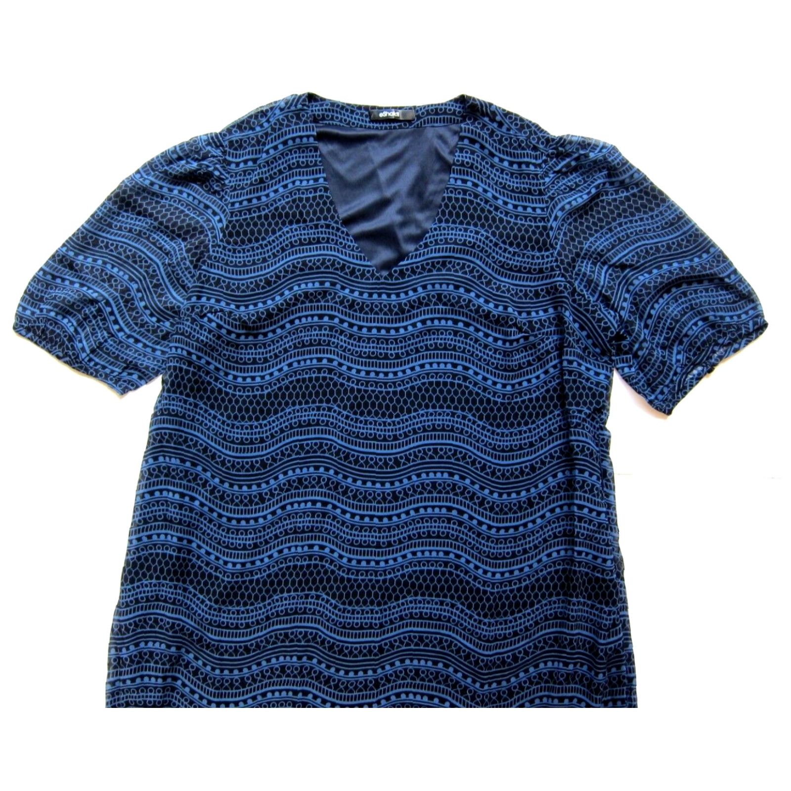 Vintage eShakti Maxi Dress Geometric Blue Black Sheer Short Sleeve V-Neck Pocket Long XL Size 40" / US 18 - 4 Thumbnail