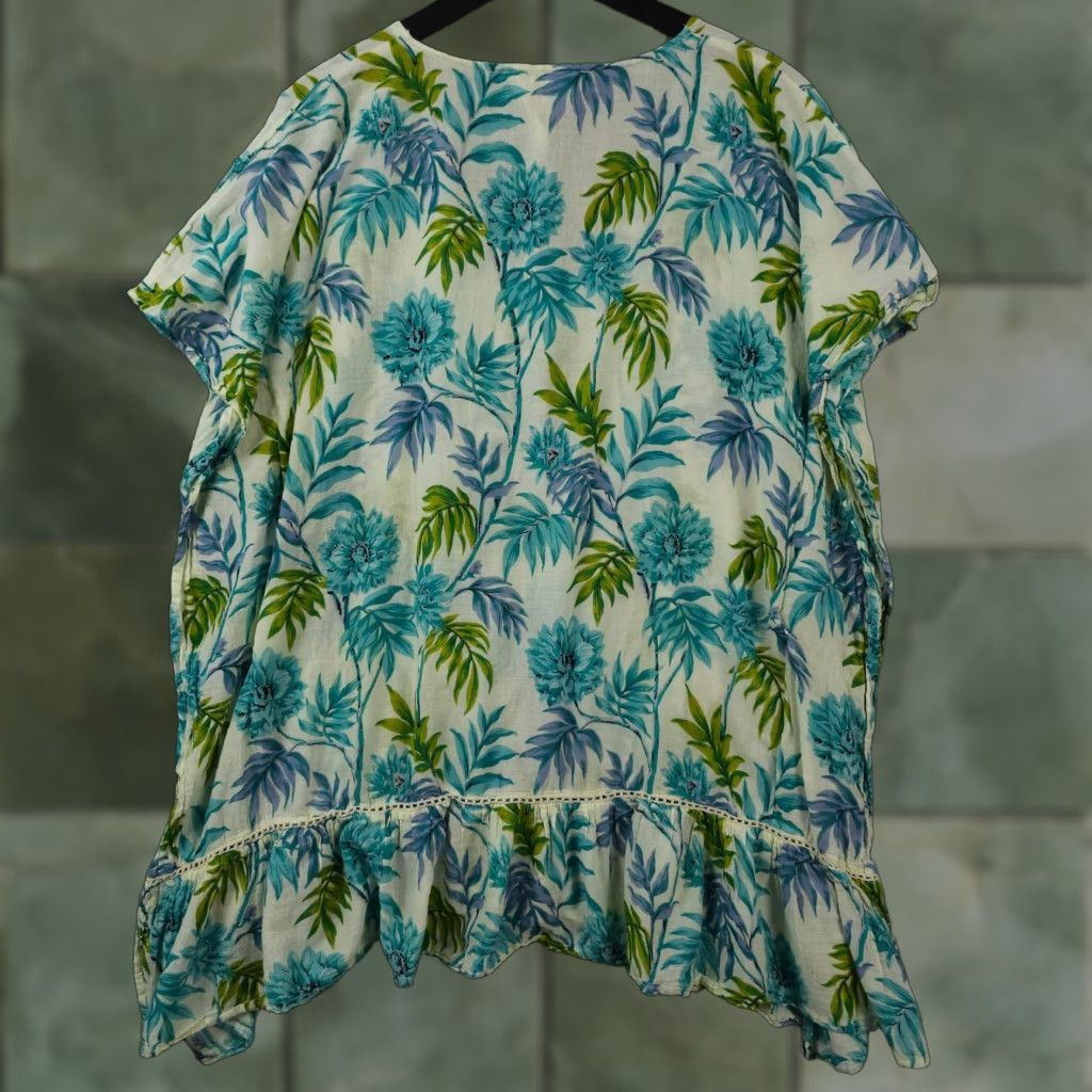 Anthropologie Z&L Cover Up Womens OS Blue Green Leaf Print Pullover Kaftan Swim Anthropologie Size ONE SIZE - 1 Thumbnail