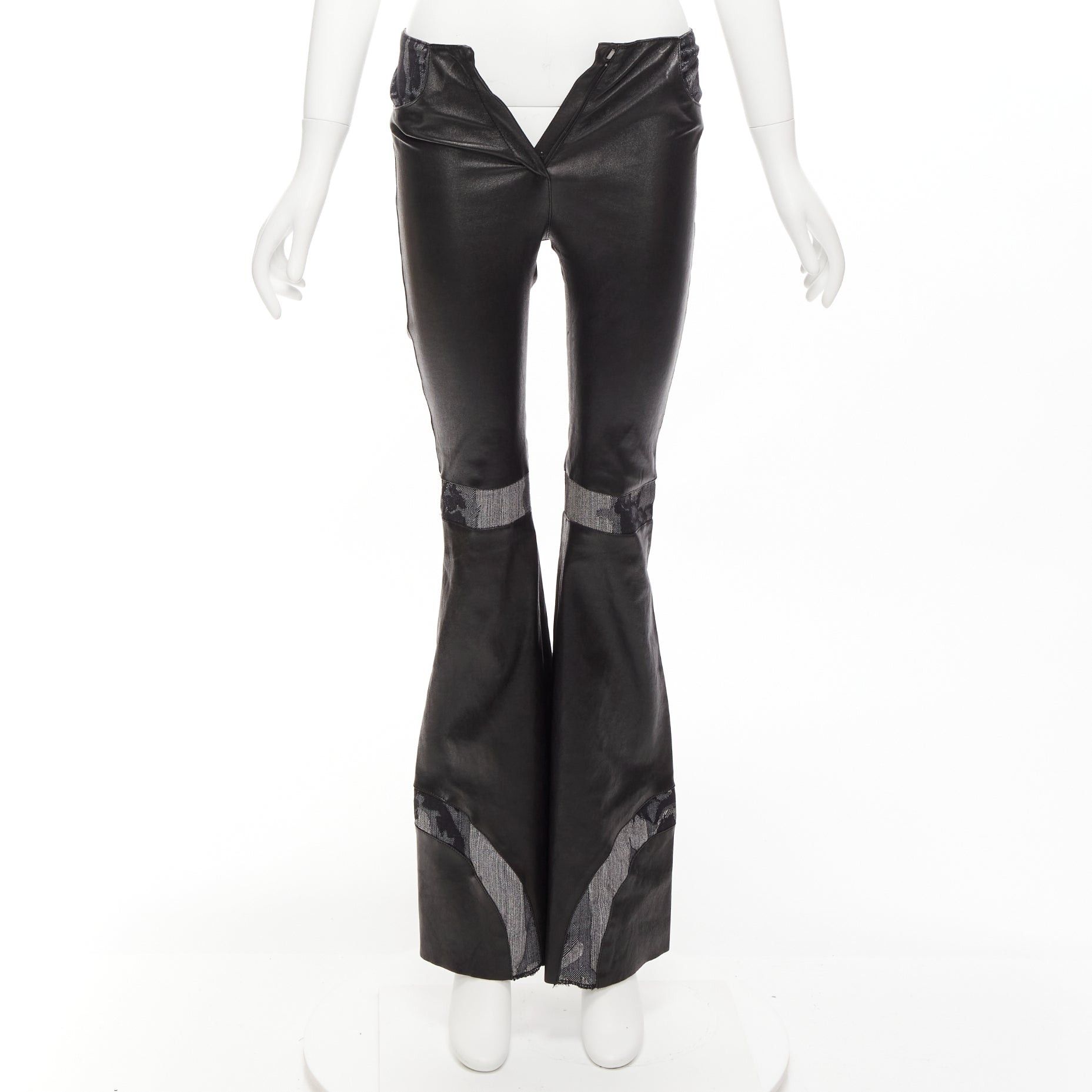 image of Jitrois Black Leather Cotton Blend Lace Panels Wide Leg Flared Pants It34 Xxs, Women's (Size 24)