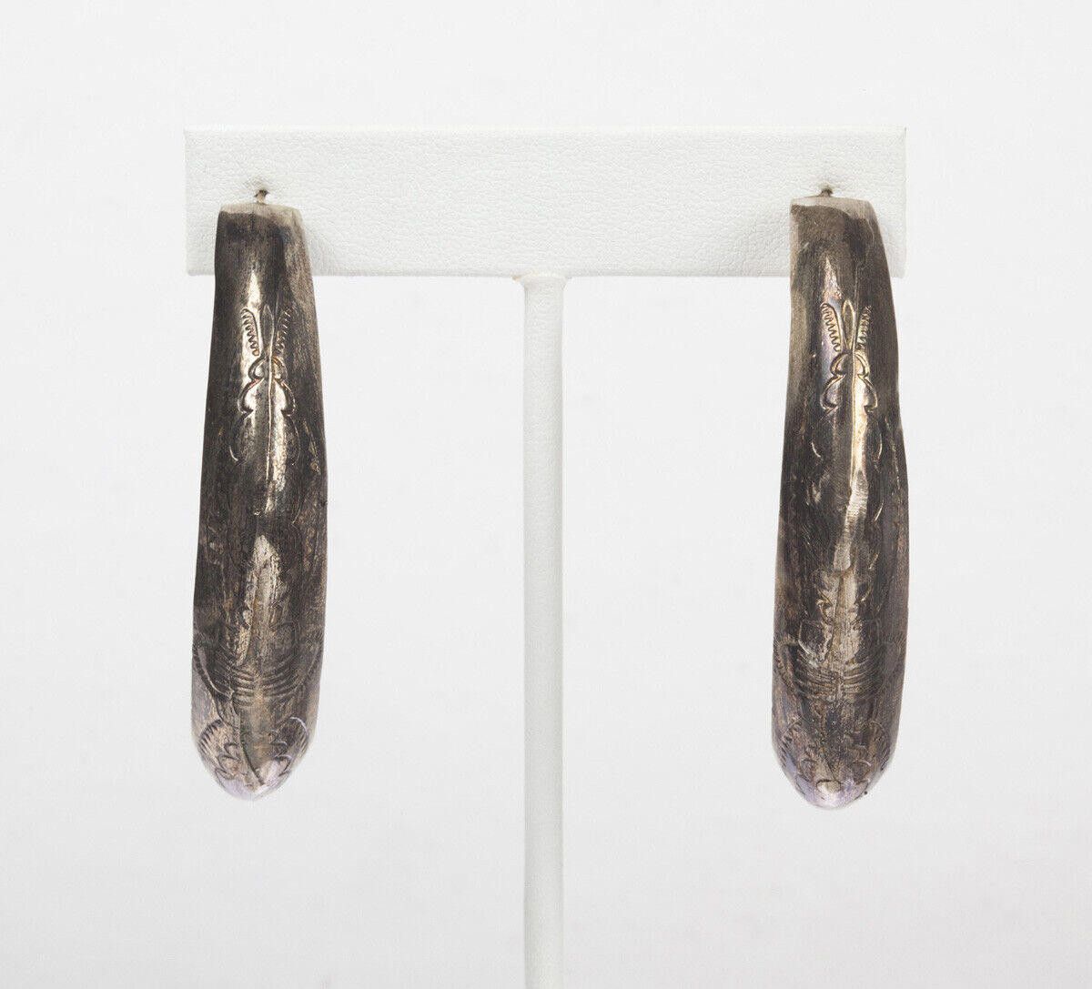 Designer Sterling Silver Tribal Etched Half Hoop Stamped Earrings Size ONE SIZE - 2 Thumbnail
