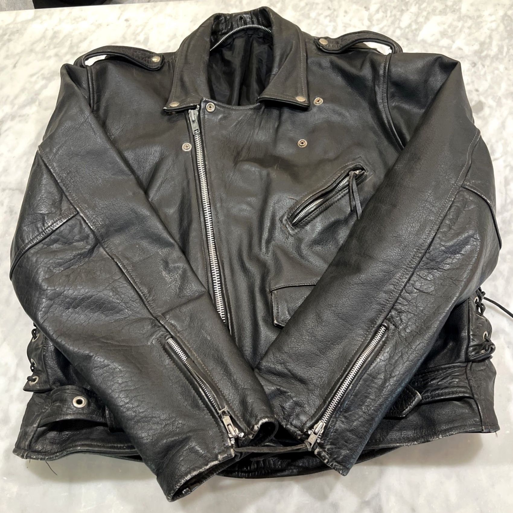 Vintage VINTAGE Echtes Leder Leather Motorcycle Jacket L Heavy Lace Sides Pockets Police 1990s Black Biker/Police Mens Size US L / EU 52-54 / 3 - 3 Thumbnail