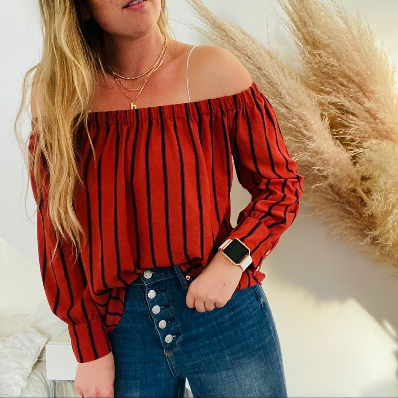Urban Outfitters UO Off Shoulder Striped Red Long Sleeve Blouse Top Shirt Size M / US 6-8 / IT 42-44 - 1 Thumbnail