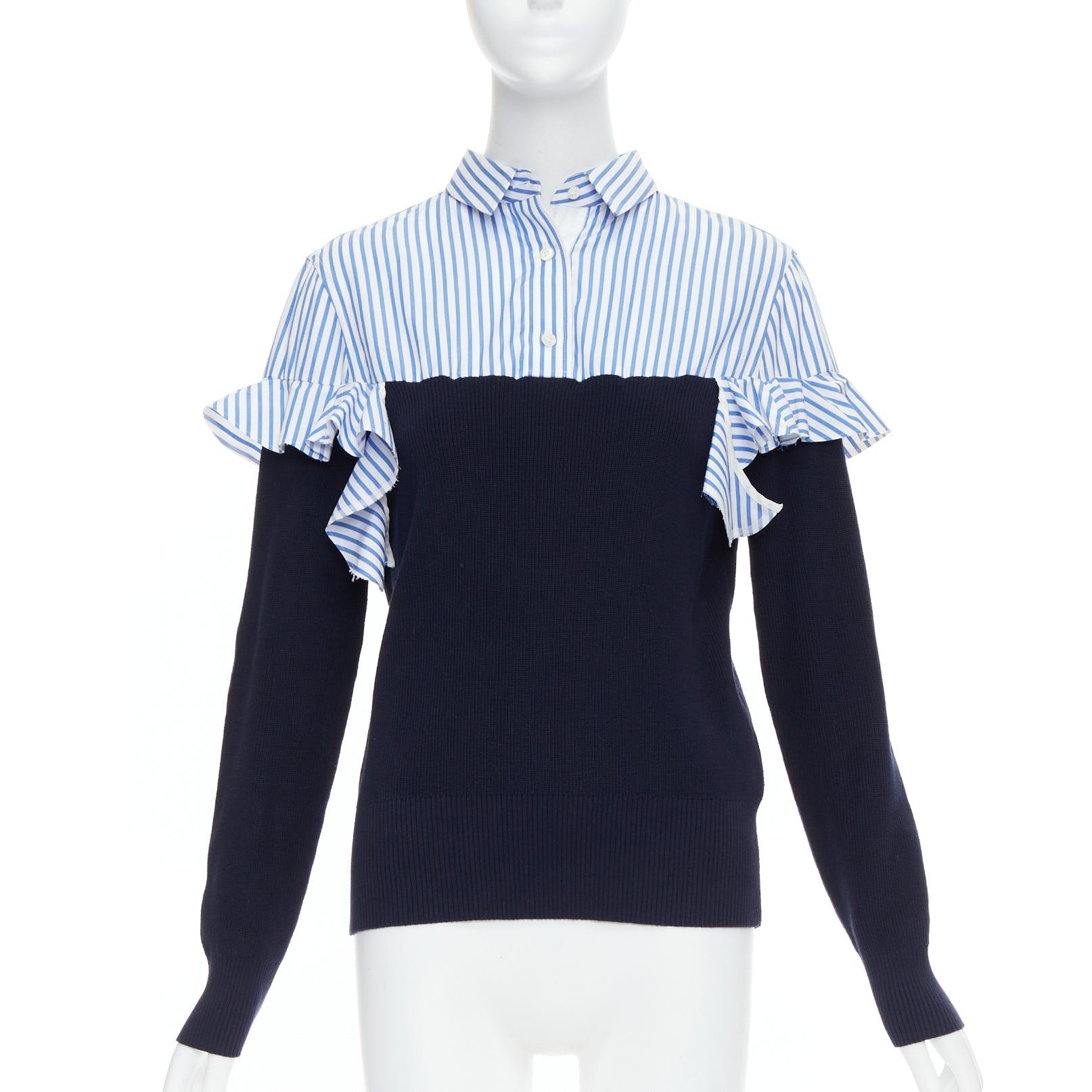 Sacai SACAI blue navy cotton contrast cowhide elbow patch hybrid sweater JP1 S Size S / US 4 / IT 40 - 1 Thumbnail