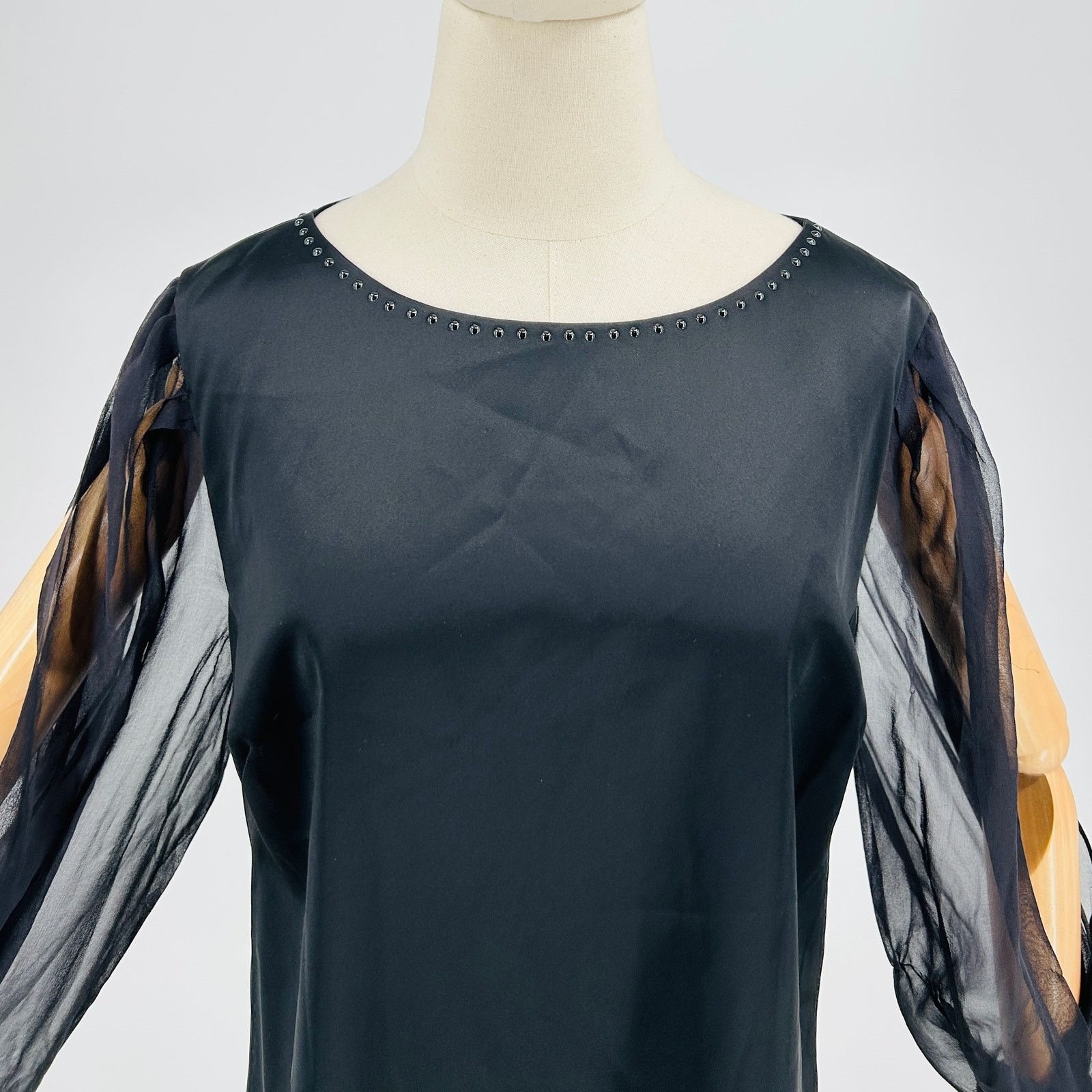 Elie Tahari Black Studded Satin Shift Dress with Silk Sleeves Size XL / US 12-14 / IT 48-50 - 2 Thumbnail