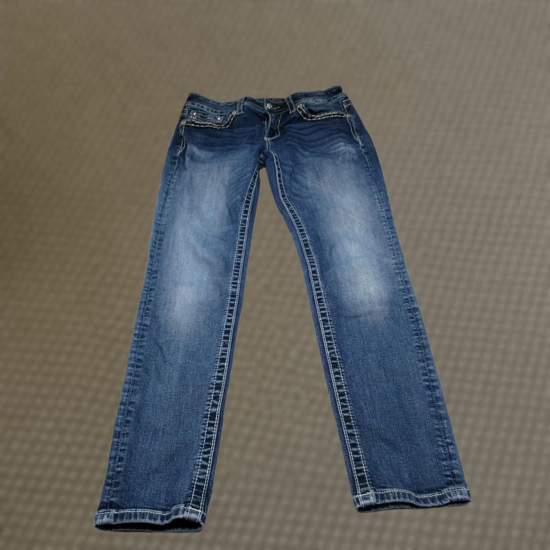 Miss Me Miss Me Jeans Womens Skinny Medium Wash Blue Denim Embellished Whisker Fade 29x28 Size 29" - 1 Thumbnail