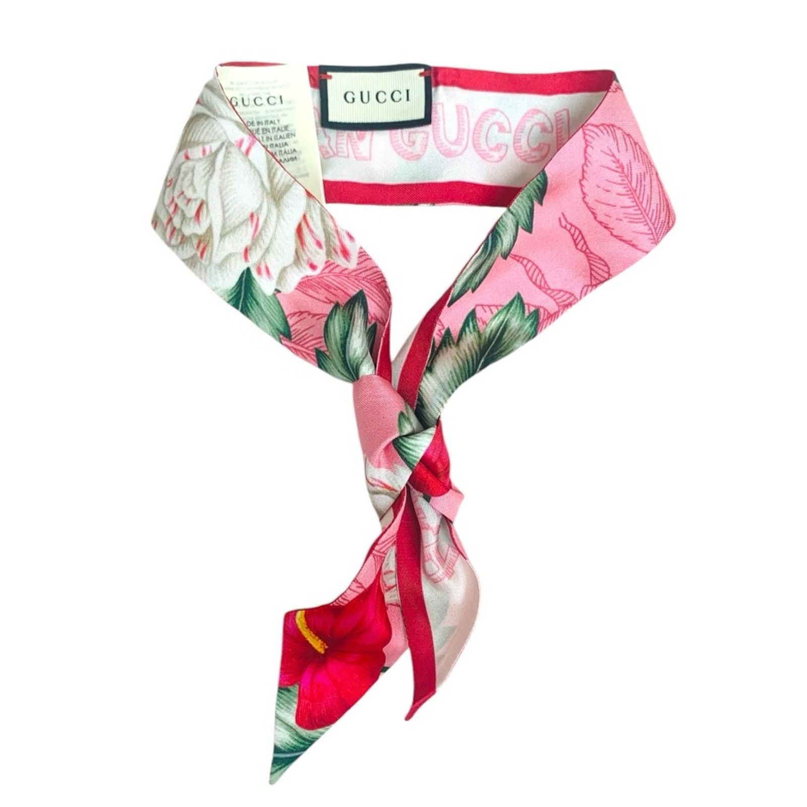Gucci NiB Gucci Pink Silk Hawaiian Floral Twill Neck Bow Bag Scarf Size ONE SIZE - 1 Thumbnail