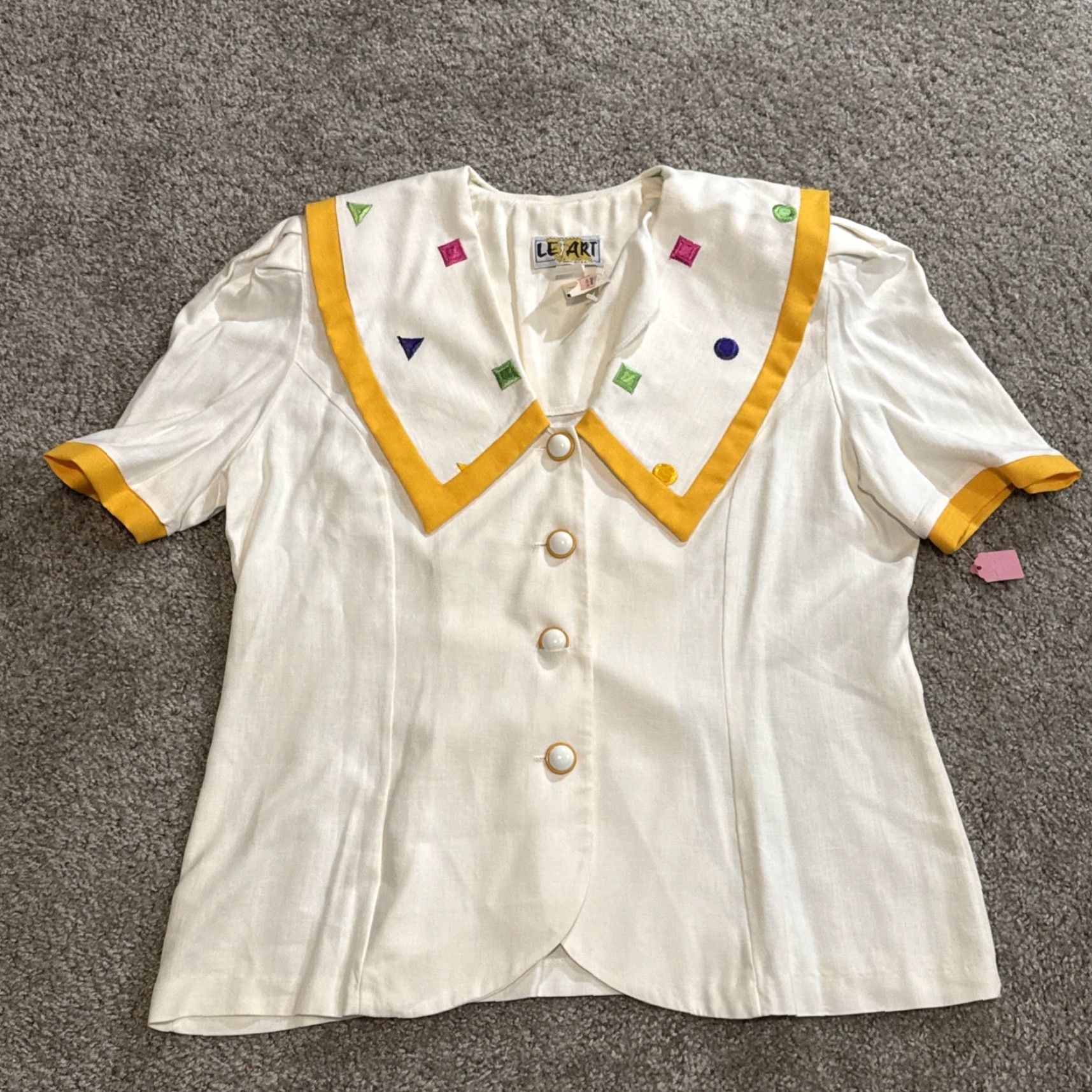 Vintage VINTAGE Le Suit Skirt Suit White Yellow Geometric 1970s 20 NWT New Old Stock Women's Work Blazer Shirt? Size 42" / US 20 - 2 Thumbnail