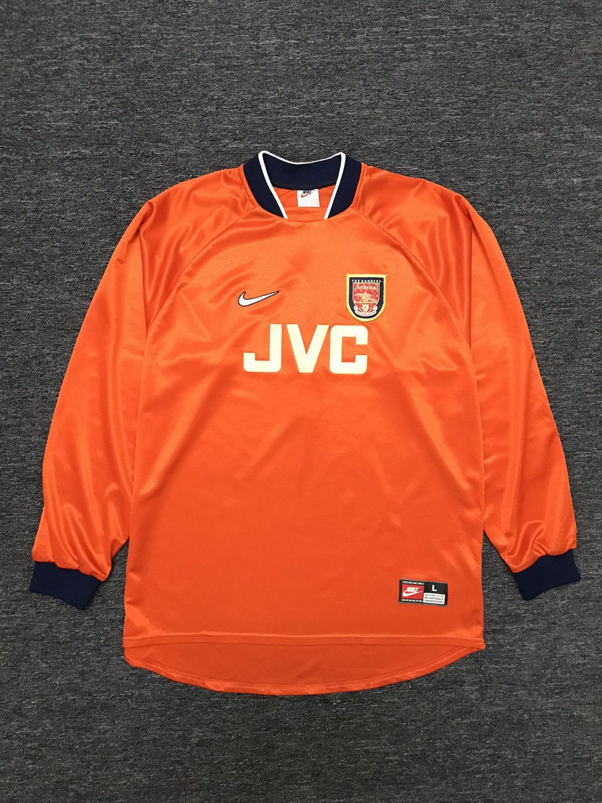 image of Nike x Soccer Jersey Vintage 97/98 Arsenal Goalkeeper Jersey in Orange, Men's (Size Large)