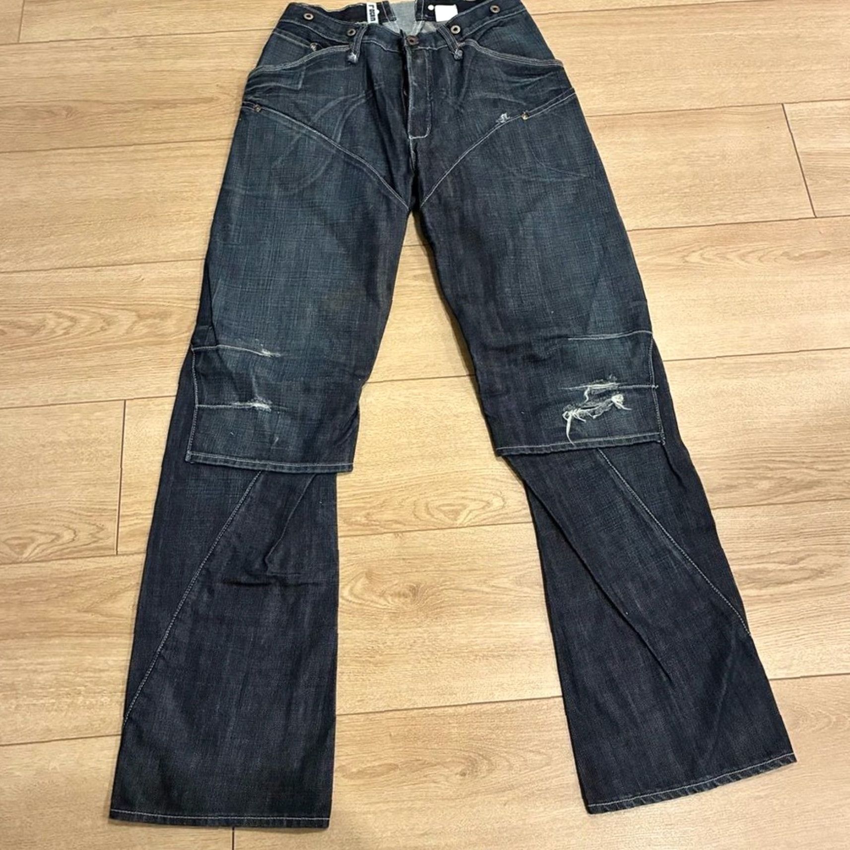 Doublet Rogan Jeans Men Dark Wash Funnel Double Knee Distressed Button Fly Size 28x32 Regular 32in Straight NWT Size US 28 / EU 44 - 2 Thumbnail
