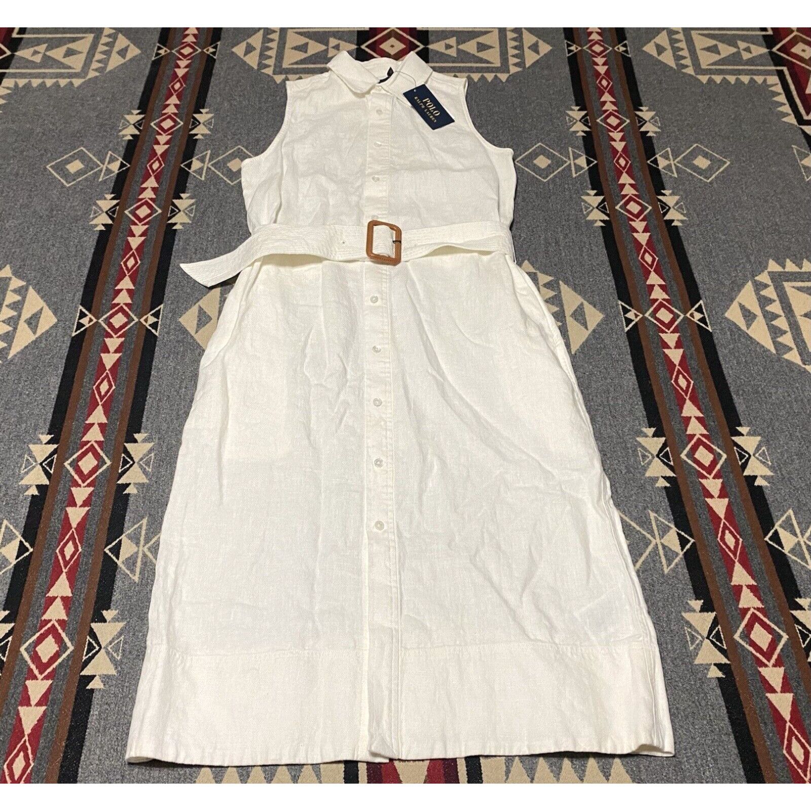 image of Polo Ralph Laurent Womens White Linen Button Front Midi Belt Dress Size 0 NWT T51