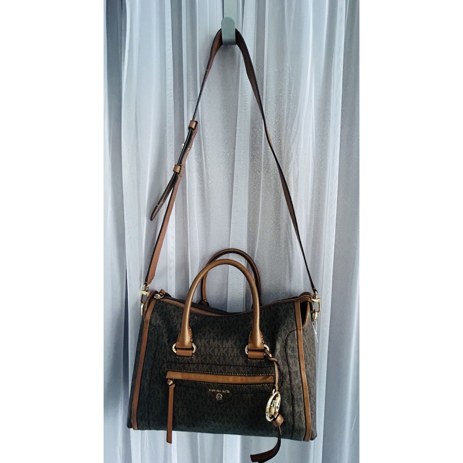 Michael Kors Michael Kors Carine Medium Brown Acorn Gold Satchel Handbag Size ONE SIZE - 3 Thumbnail
