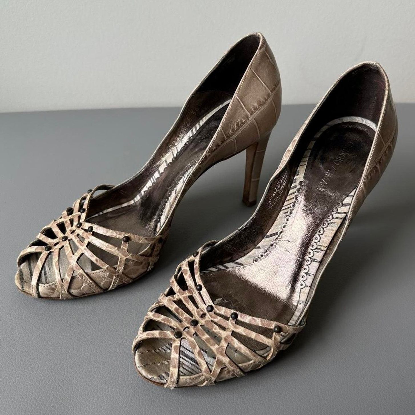 Giorgio Armani × Vintage Vintage GIORGIO ARMANI Tan Leather Peep-Toe Croc Heels/Pumps Size US 6.5 / IT 36.5 - 2 Thumbnail