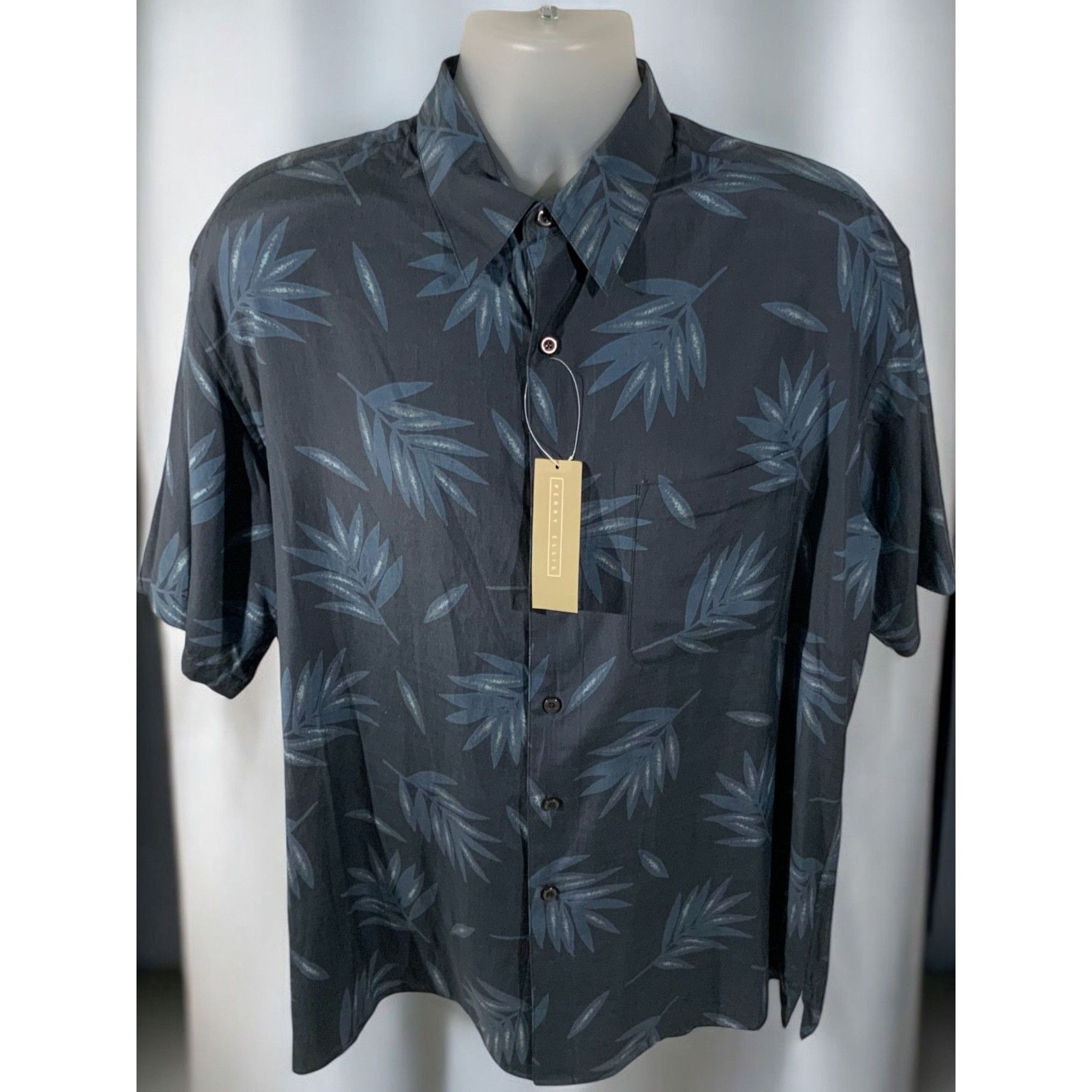 Perry Ellis Perry Ellis Silk Blend Tropical Navy Button Down Shirt New L Size US L / EU 52-54 / 3 - 7 Thumbnail