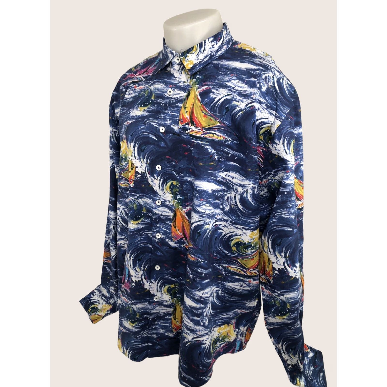 BUGATCHI BUGATCHI Shirt 2XL Navy Blue Sailboat Ocean Storm Theme Nautical Button-Up Mens Long Sleeve Size US XXL / EU 58 / 5 - 1 Thumbnail