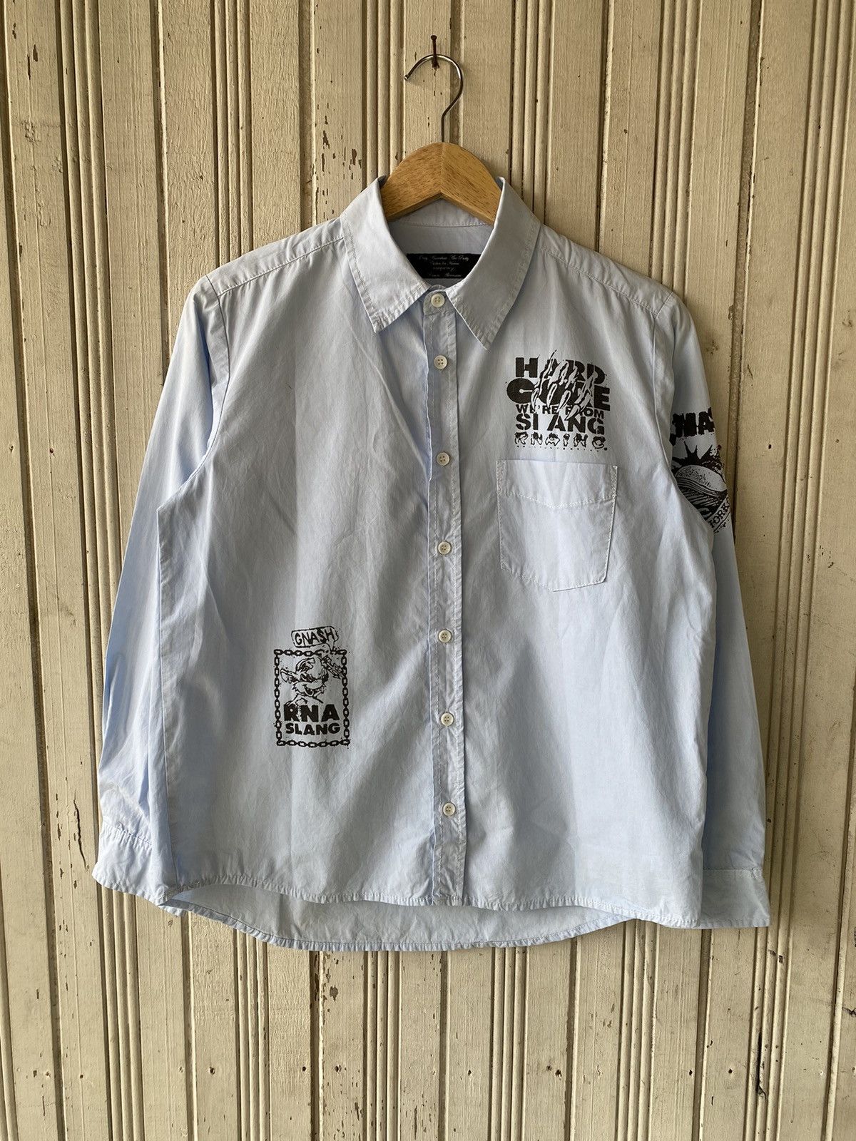 image of Vintage Rna Slang Grunge Is Dead Kurt Cobain Button Ups in White Blue, Men's (Size Medium)