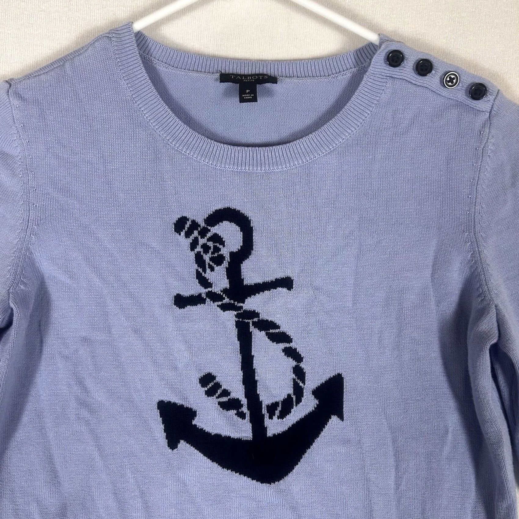 Talbots Talbots Women's Crewneck Sweater Petite P Blue Anchor Nautical Pullover Casual, Knit, Cotton, Long Sleeve, Solid, Navy/Blue, Nautical, Size XXS / US 00 / IT 34 - 2 Thumbnail