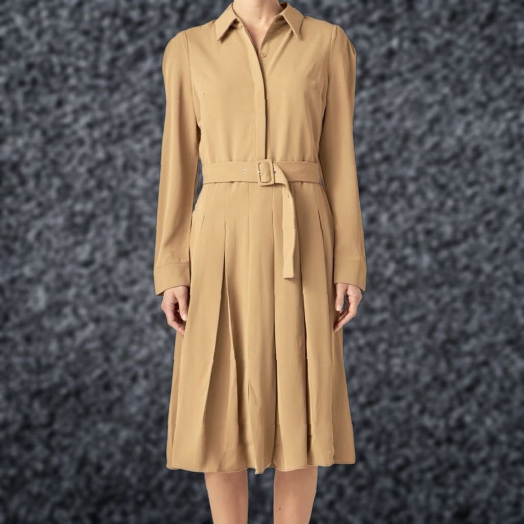 English Factory English Factory Dress Adult S Camel Pleated Collared Long Sleeve Midi Womens Size S / US 4 / IT 40 - 1 Thumbnail