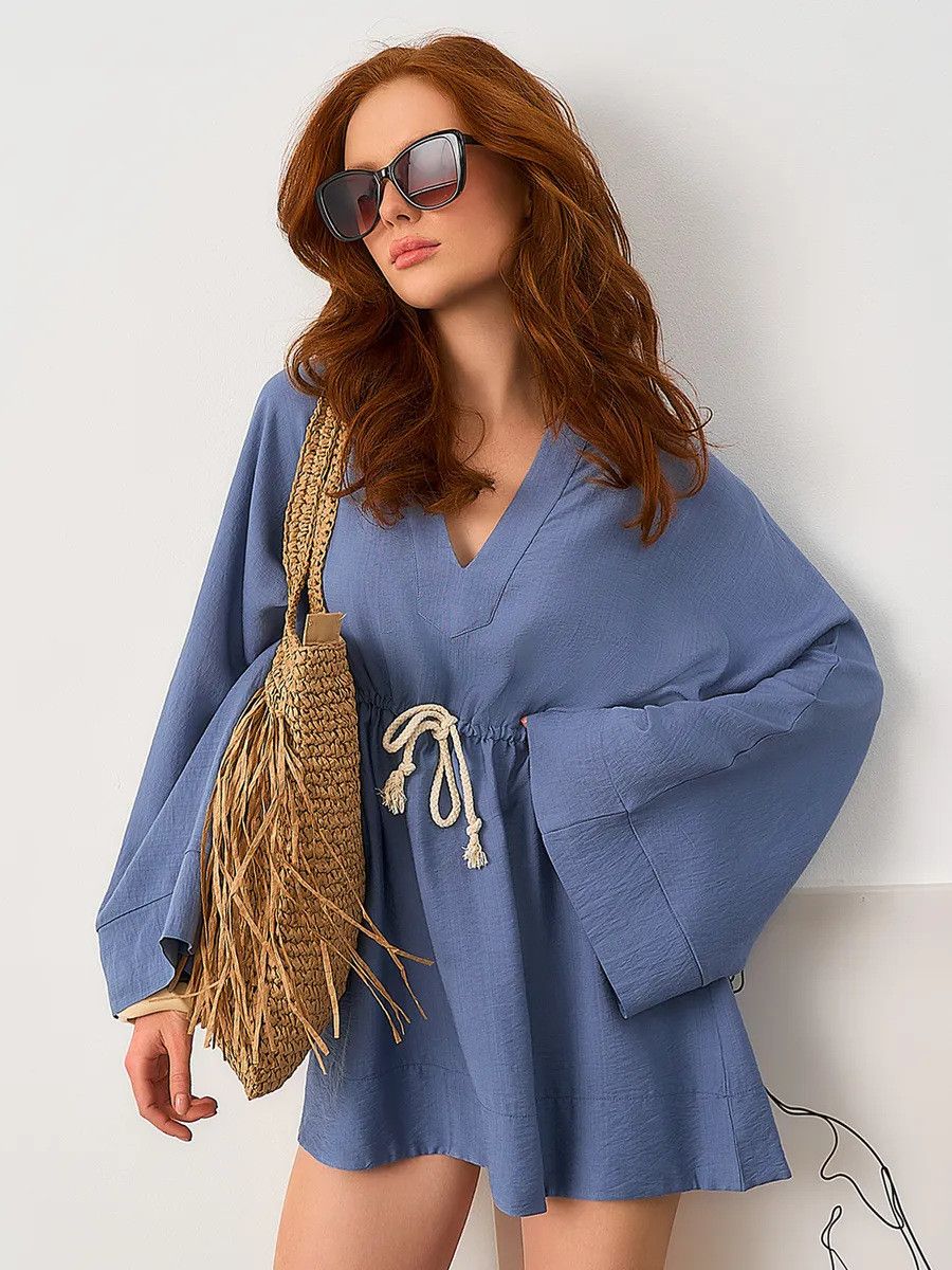 Other Solid Color Loose V-neck Long-sleeved Shirt Dress Size L / US 10 / IT 46 - 4 Thumbnail