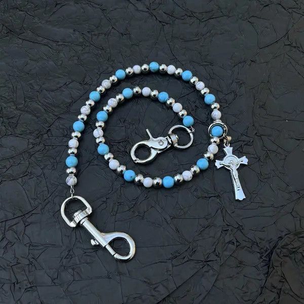 Jewelry Blue Beaded Cross Wallet Chain, Belt Chain, Pants Chain Size ONE SIZE - 7 Thumbnail