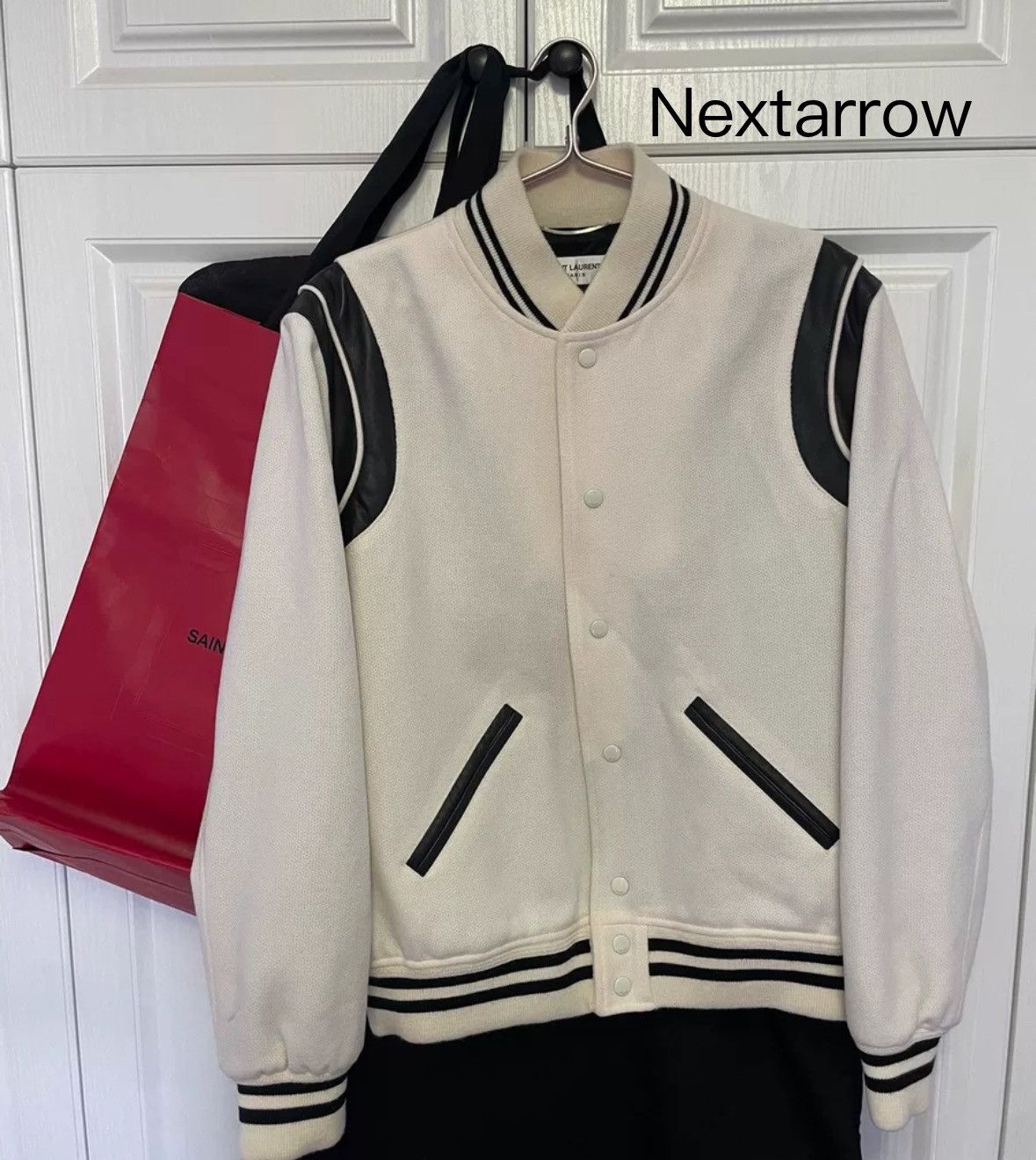 Saint Laurent striped long sleeved Teddy baseball jacket