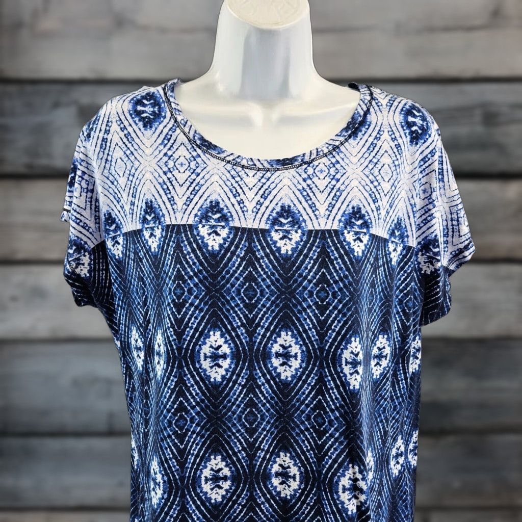 Vintage Chicos Zenergy Womens Top Sz Large Blue Cotton Blend Short Sleeve Printed Size L / US 10 / IT 46 - 1 Thumbnail