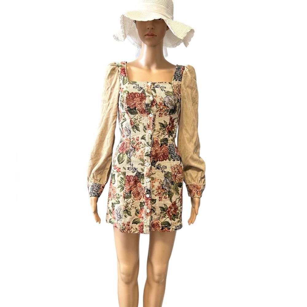 Designer CIDER Floral Mini Dress with Corduroy Sleeves Size S / US 4 / IT 40 - 1 Thumbnail
