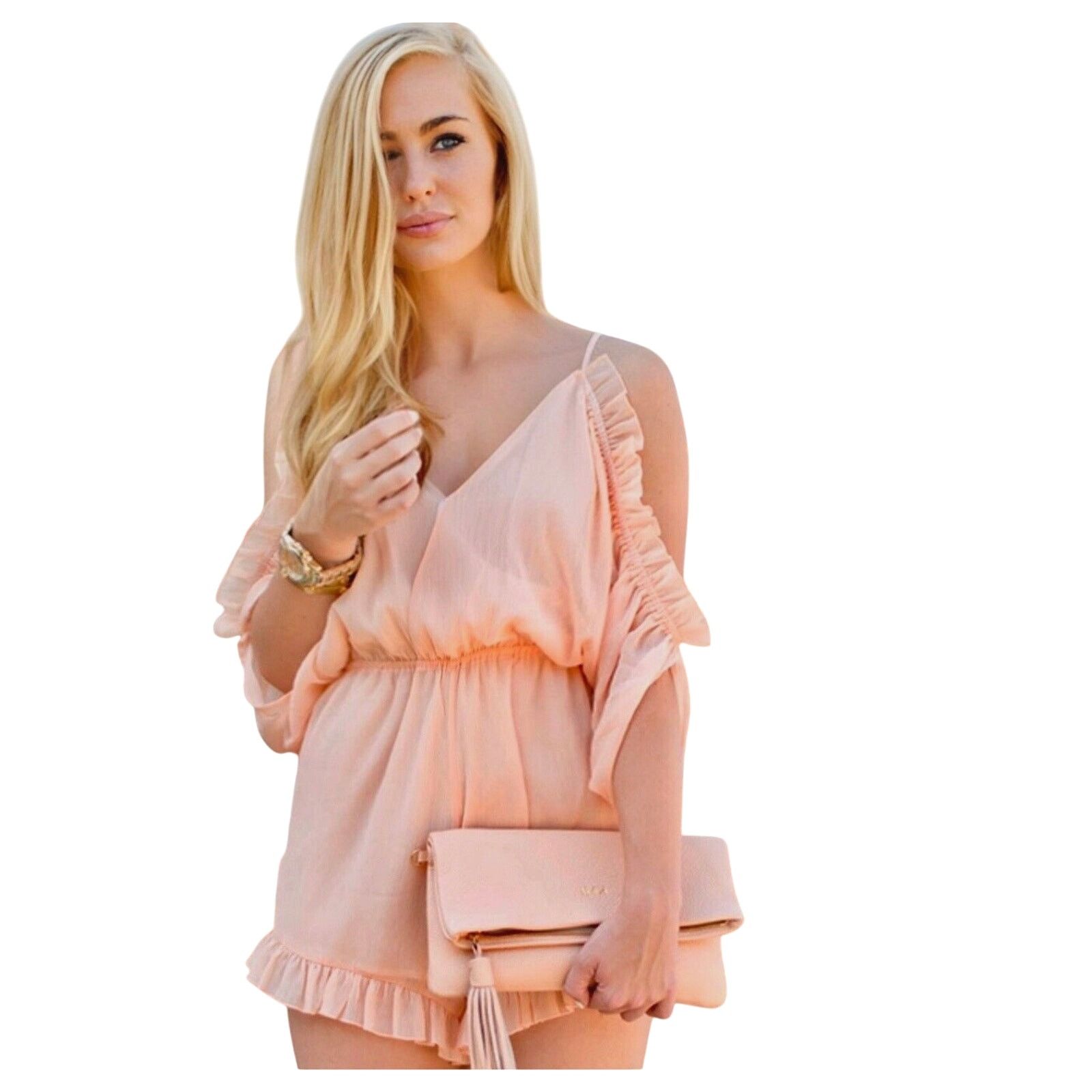 Other Lovers + Friends Peach Ruffle Cold Shoulder Open Back Romper Size L / US 10 / IT 46 - 1 Thumbnail