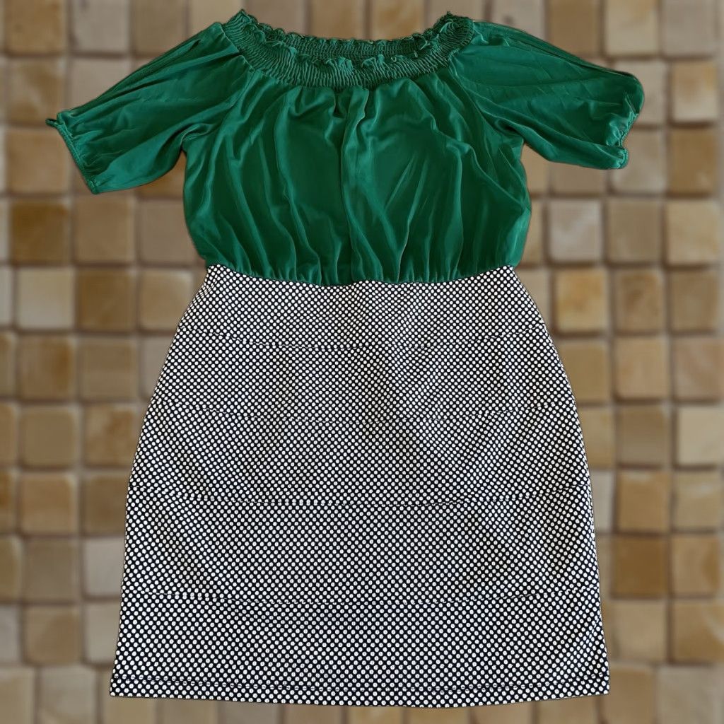 Vintage Enfocus Studio Sheer Sleeve Green Dress Black White Polka Dots Size 14 Size XL / US 12-14 / IT 48-50 - 1 Thumbnail