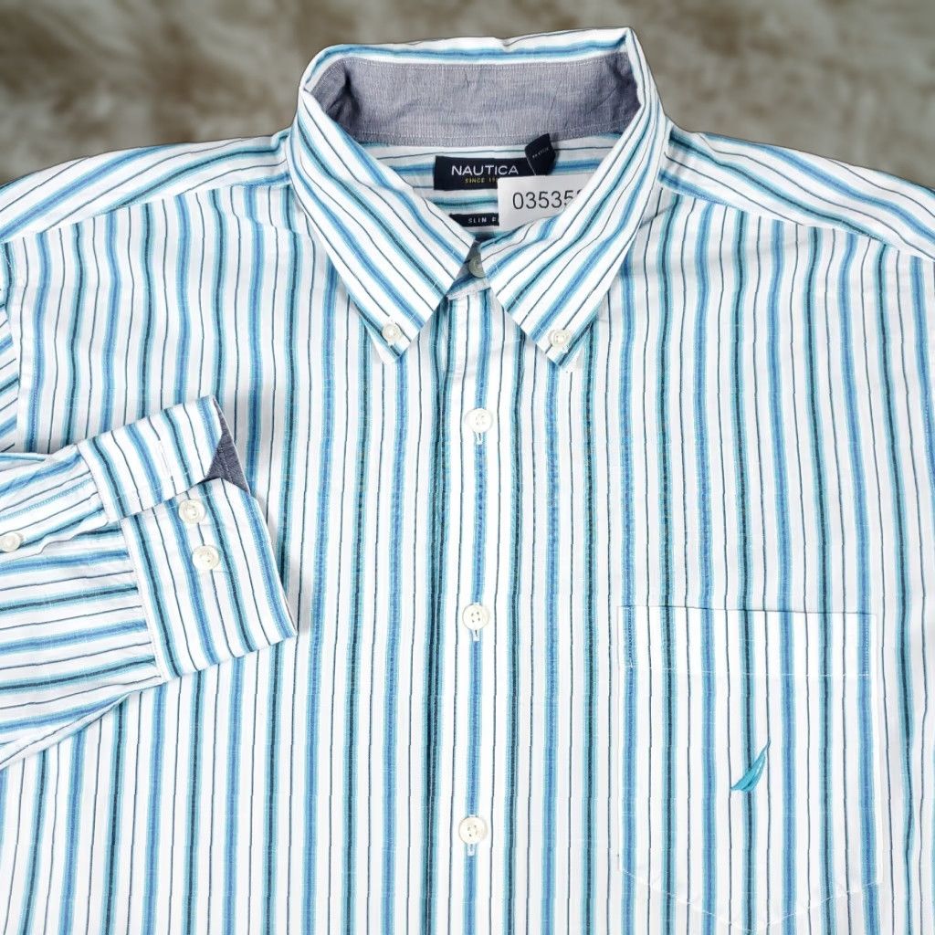 Nautica Nautica Shirt Mens Large Blue Striped Button-Up Long Sleeve Casual Casual, Blue, Nautica Shirt, Button-Up, Stripe, Button, Logo, Regular Fit - Mens Size US L / EU 52-54 / 3 - 1 Thumbnail