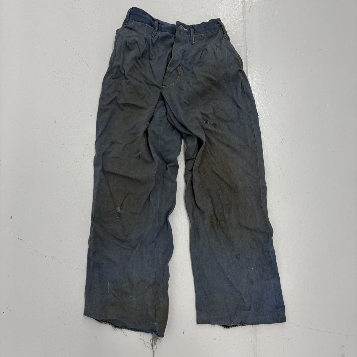 Other Vintage 50s Blue Wool Gabardine Distressed Trousers 22x25 Size 22" - 1 Thumbnail
