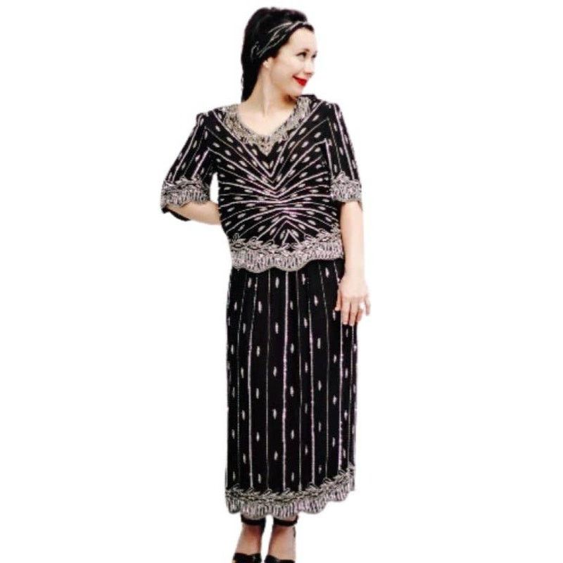 Vintage Vintage 1980s Black Silver Sequin Beaded Top Skirt Medium Size M / US 6-8 / IT 42-44 - 1 Thumbnail