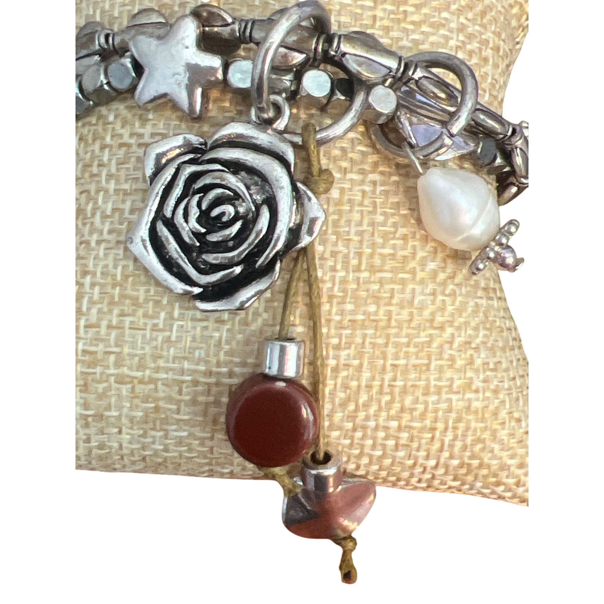 Other 2 Strand Silver Tone Beaded Stretch Bracelet Rose Charm Pear Size ONE SIZE - 3 Thumbnail