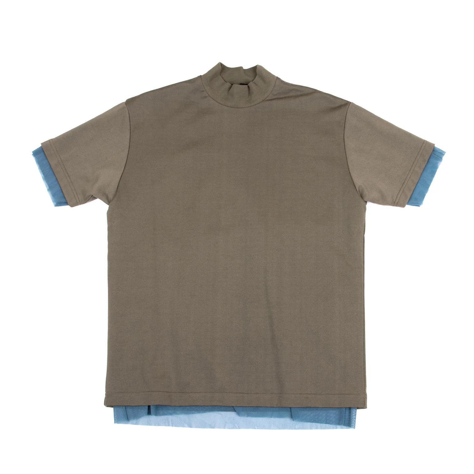 Mesh Layered Mock Neck T-Shirt in Khaki Blue Grey