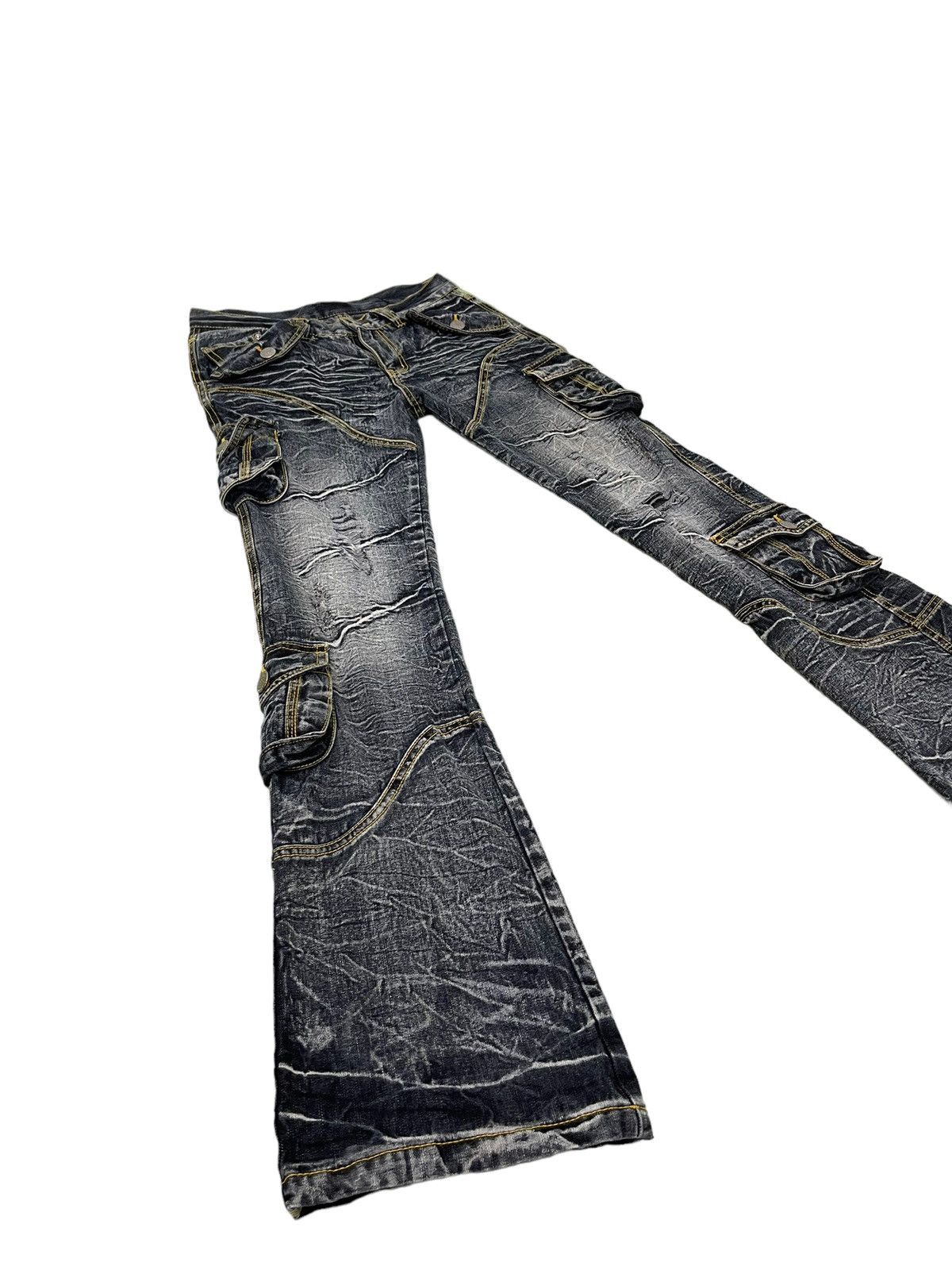 Japanese Brand Flare Jeans Cargo Low Box Crazy Faded Distress Boot Cut 6🟦2 Size US 29 - 1 Thumbnail