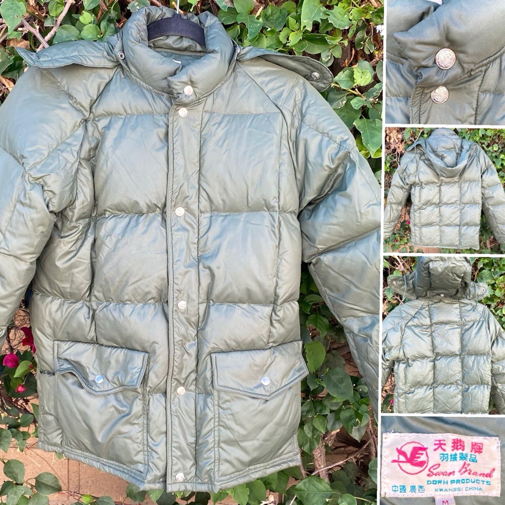 J Brand VINTAGE Swan Brand Down Puffer Jacket Green Nylon Quilted Hood Parka M Men Green Quilted Down Parka Vintage Hooded Jacket Size US M / EU 48-50 / 2 - 2 Thumbnail