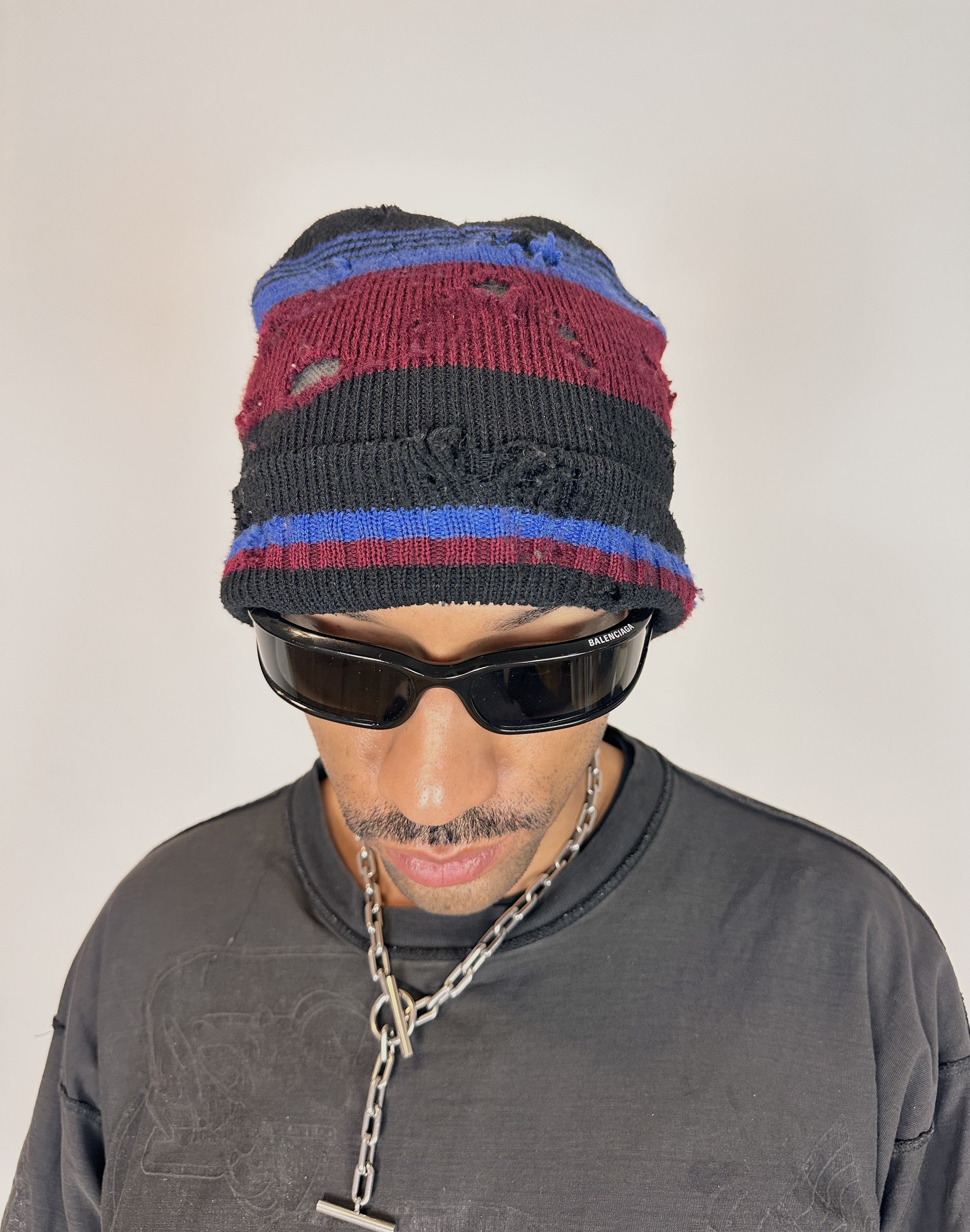 Vintage ASTROBOI* Burgundy/Black/Blue Striped Grunge Beanie Size ONE SIZE - 1 Thumbnail
