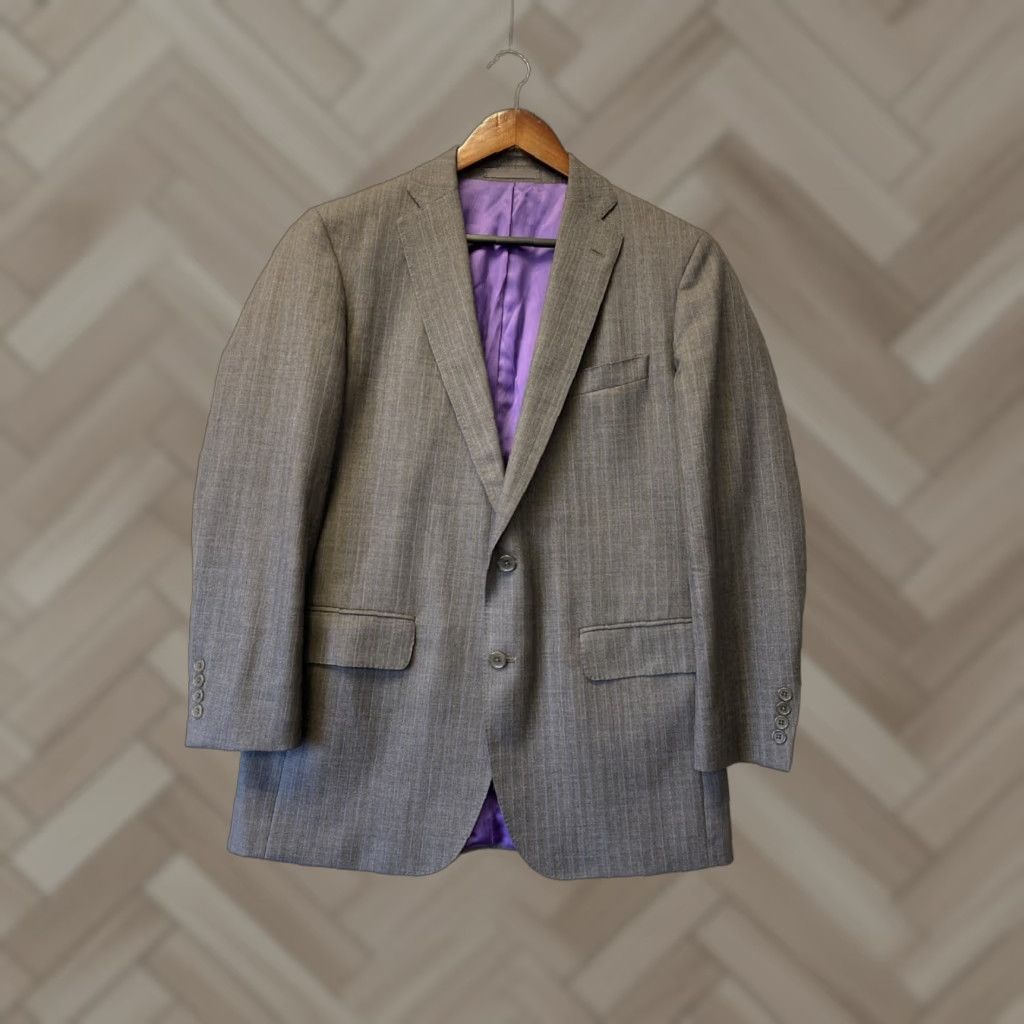 Vintage Tom James Blazer Mens 40R Grey Wool Twill Striped Notch Lapel Double-Vented 2-Button Front Jacket /135-17 Size 40R - 1 Thumbnail