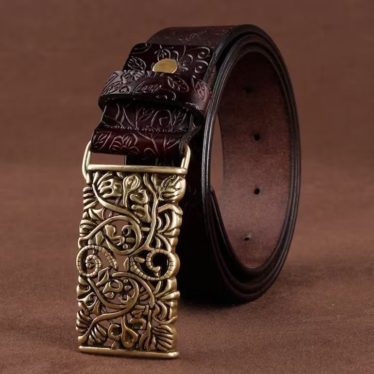 image of Cowskin Leather Lady Belt Vintage Pin Buckle Hollow Flower in Brown, Women's